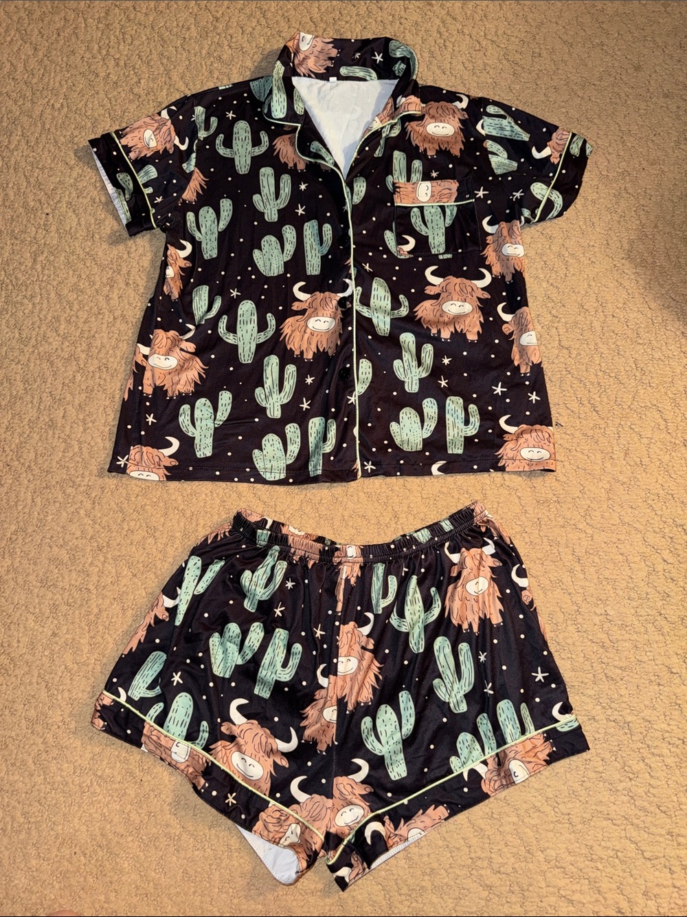 Green Cactus & Tan Highland Cow Print Pajama Short Set